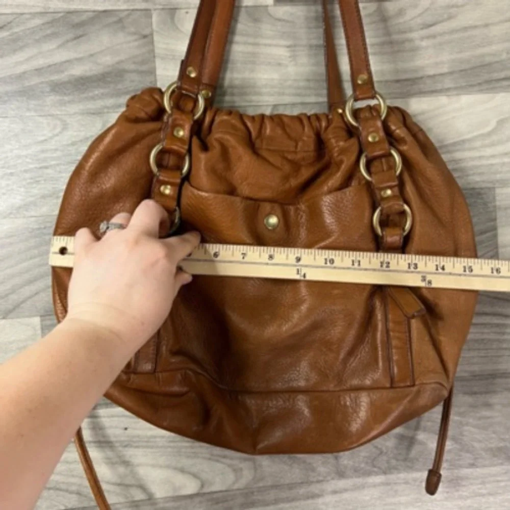 J.Crew Womens Hobo Handbag Brown Leather Drawstring Outer Pocket‎ Hardware S
